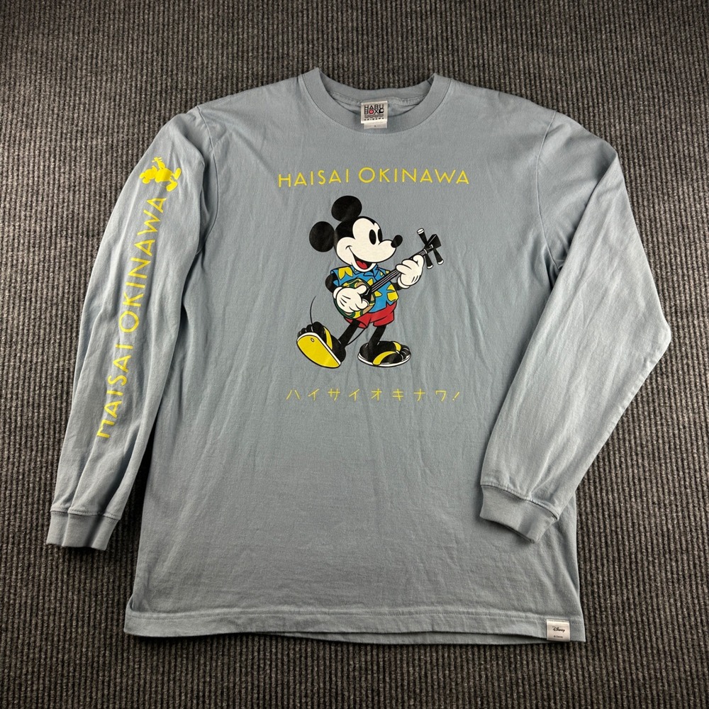 Habu Box Okinawa Mickey Mouse Sanshin Long Sleeve T-Shirt Blue Mens L